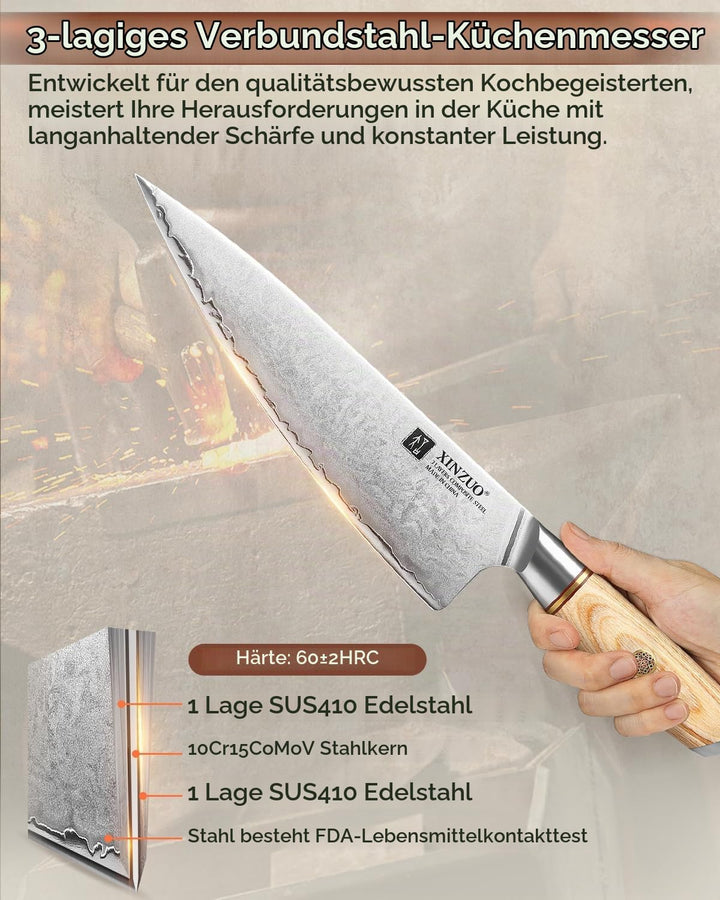XINZUO 21.2cm Kochmesser Verbundstahl 10Cr15CoMoV, Profi Chefmesser Edelstahl Küchenmesser 3 Schicht