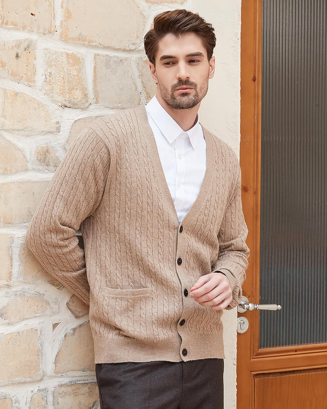 Kallspin Herren Strickjacke aus Wollmischung Zopfstrick Cardigan mit Knopfverschluss und Taschen S K