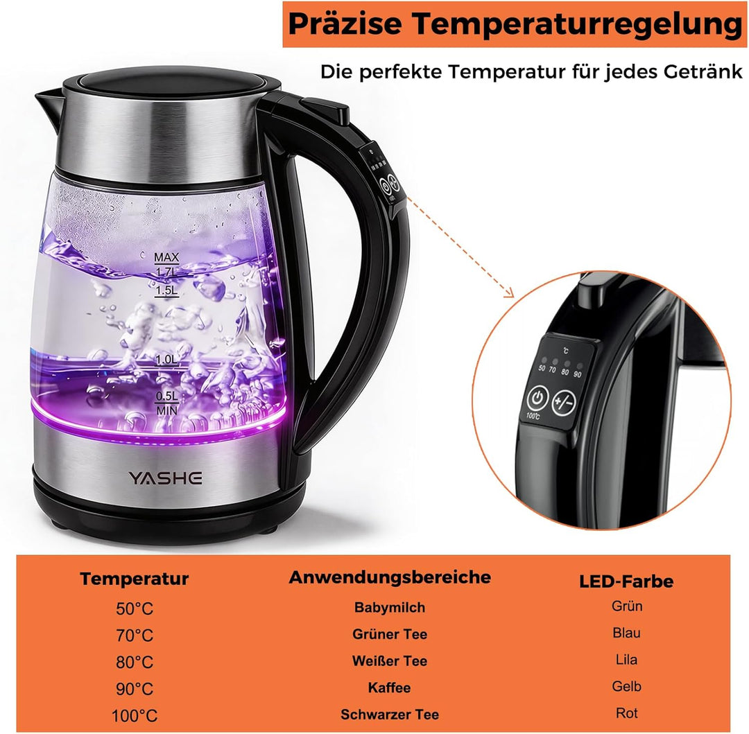 YASHE Wasserkocher mit Temperaturwahl 1,7L, 2200W Schneller Elektrischer Wasserkocher Glaswasserkoch