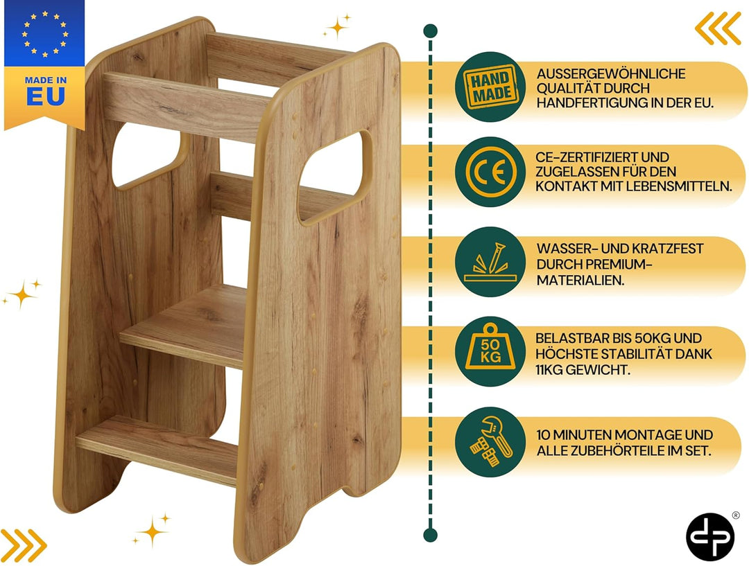 Lernturm ab 1 Jahr - 3 Stufen Höhenverstellbar, Sicher & Stabil - Learning Tower mit Kippschutz - Le