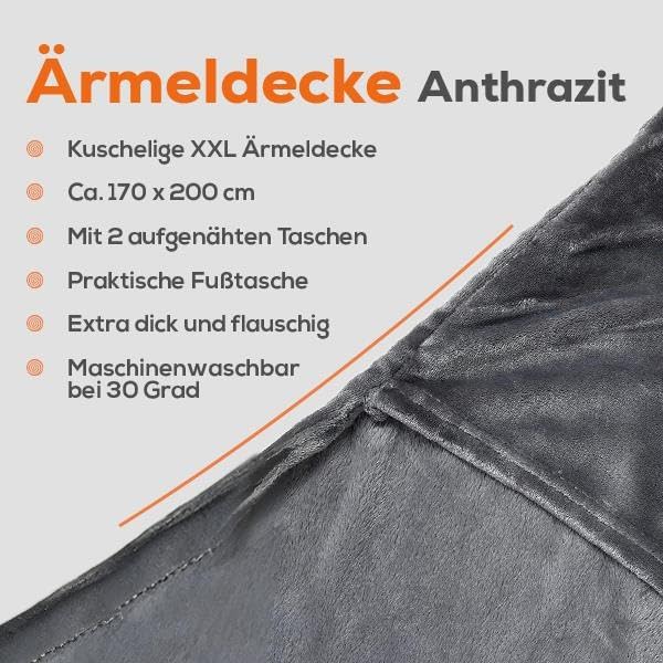 ESTEXO XXL TV-Decke Ärmeldecke Kuscheldecke Wohndecke mit Ärmeln und Fusstasche Handytasche Anthrazi