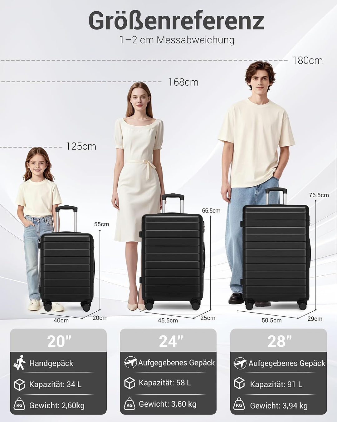 Koffer Set 3-teilig, Leichte ABS+PC-Hartschalenkoffer mit 4 Rollen | Leichte ABS+PC-Hartschale, pass