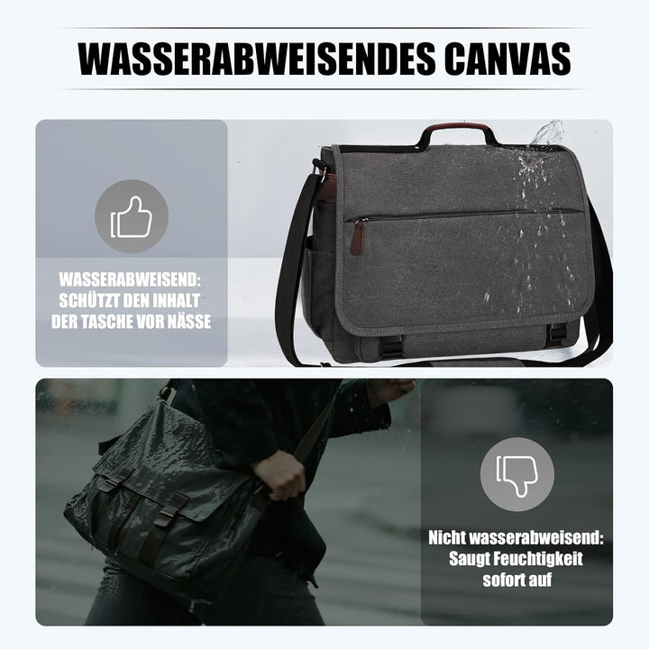 Eshow Umhängetasche Herren Wasserabweisend, Laptoptasche 17,3 Zoll aus Echtleder und Canvas, Messeng