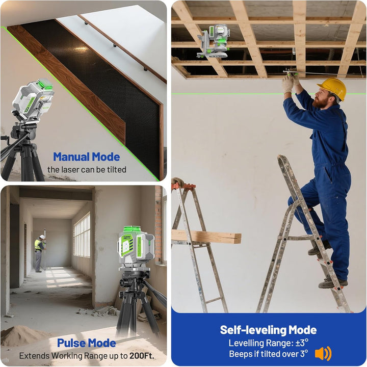 Huepar Pro Kreuzlinienlaser 4 * 360 Grad Selbstnivellierend Grün Laser Wasserwaage, Hochpräzises 4D