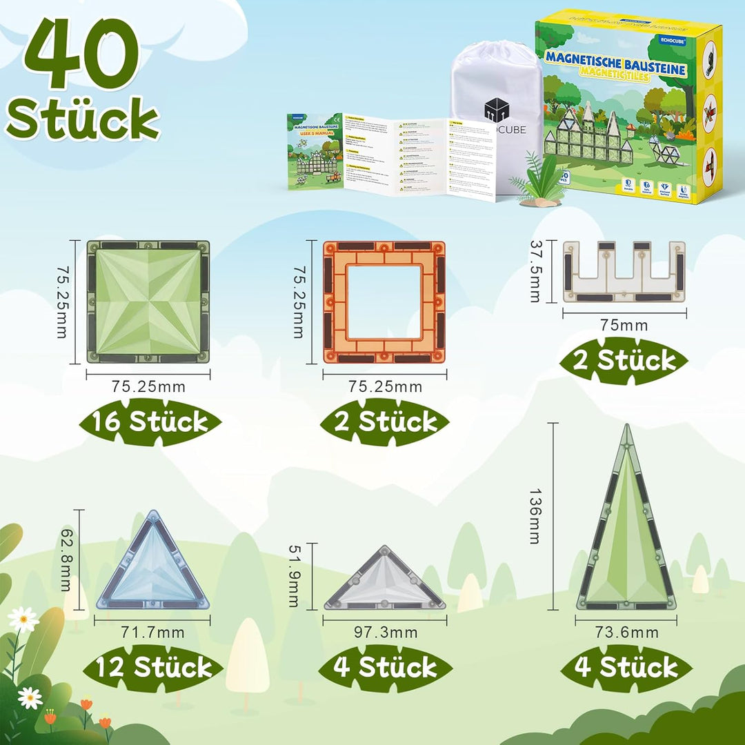 40 Stück Magnetische Bauklötze Set, STEM Magnetische Bauklötze für Kinder, Magnetisches Konstruktion