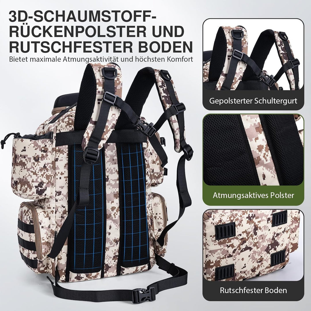 Goture Angelrucksack 45L, 4 Köderboxen, wasserdicht, Rutenhalter, Outdoor Wüsten-tarn 1