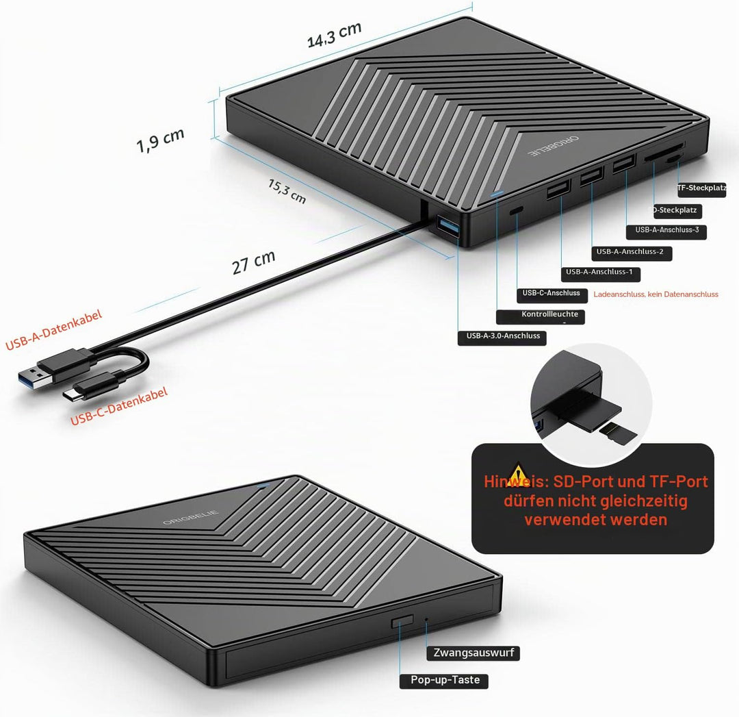 ORIGBELIE Externes DVD Laufwerk, ultraflacher CD-Brenner USB 3.0 mit 4 USB-Anschlüssen und 2 TF/SD-K