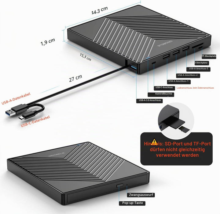 ORIGBELIE Externes DVD Laufwerk, ultraflacher CD-Brenner USB 3.0 mit 4 USB-Anschlüssen und 2 TF/SD-K