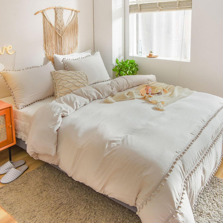 Freyamy Böhmen Bettwäsche 135x200cm 2teilig Beige Pom Pom Boho Chic Bettwäsche Gewaschene Microfaser