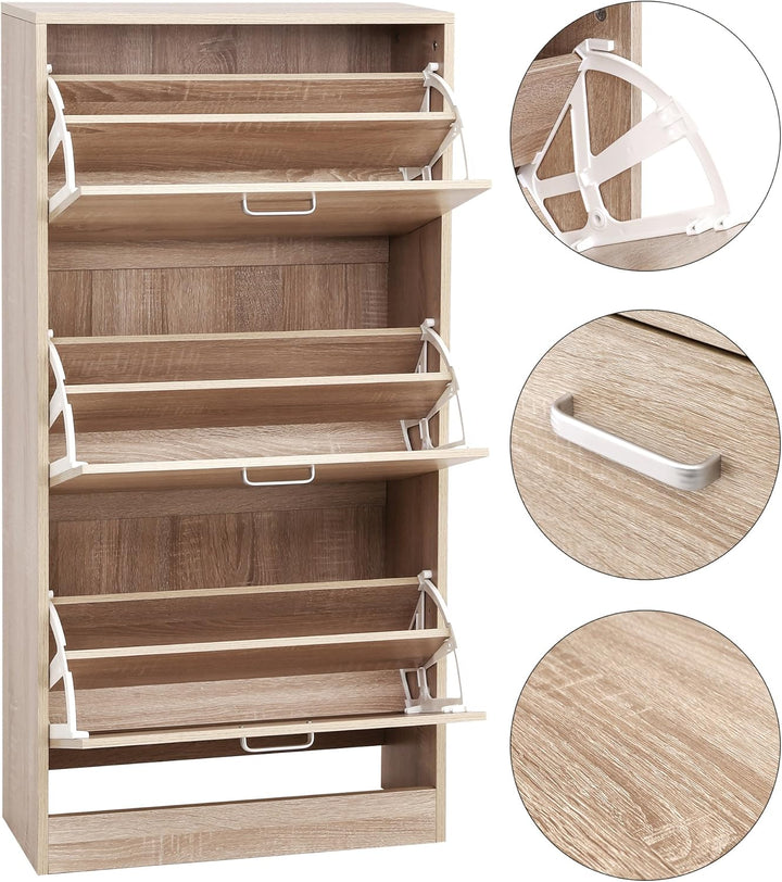 VASAGLE Schuhschrank mit 3 Klappen Schuhregal Schuhkipepr Schuhkommode Eichenfarben verstellbar 60 x