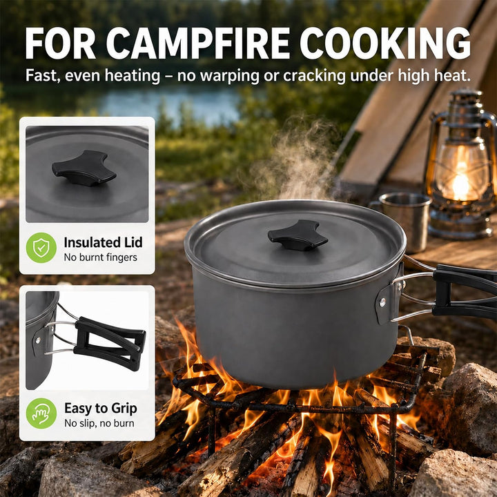 aiGear Camping Kochgeschirr Set/Outdoor Geschirr Set | Camping Topf Kochtopf Tragbar Aluminium | mit