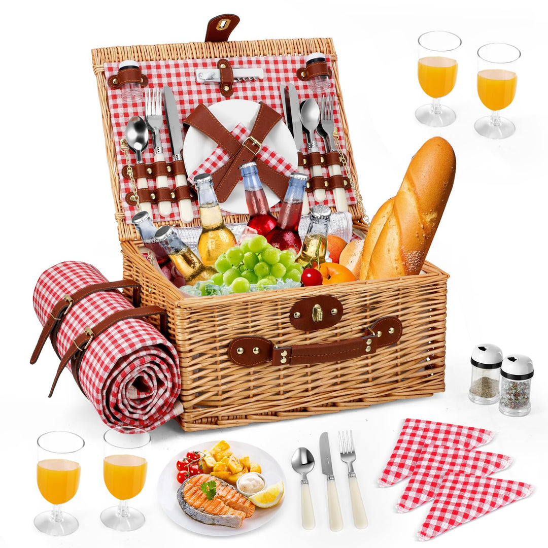 Weidenkorb für 4 Personen, Vintage Picknickkorb Set, mit Kühlfach, Wasserdichter Decke, Tellern, Glä