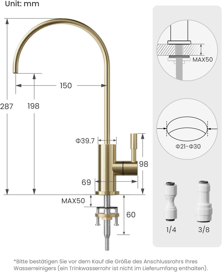 Trinkwasserhahn, Wasserhahn Küche Für Umkehrosmose Oder Wasserfiltersystem, Küchenarmatur Aus Edelst