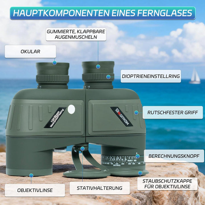 10x50 Marine Fernglas für Erwachsene,Fernglas Nachtsicht mit Entfernungsmesser für Erwachsene Bootfa