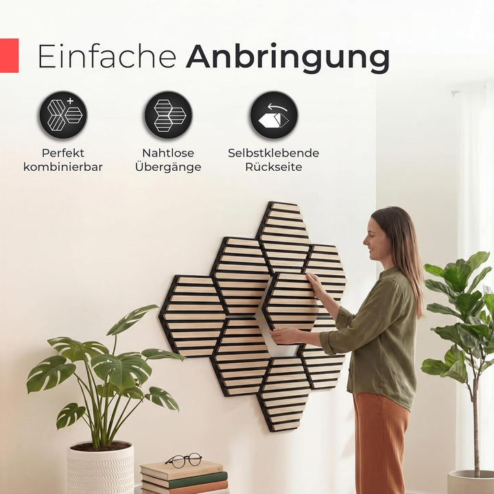 Akustikpaneele Holz selbstklebend mit Echtholz &amp; Akustikfilz | Hexagon Wandpaneele, Schalldämmung, W
