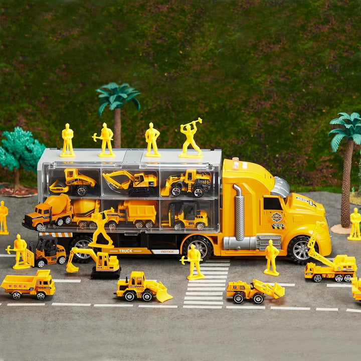 JOYIN 25-in-1-Spielzeugset aus Druckguss-Baufahrzeugen (einschliesslich Transporter, Bagger, Kipper,