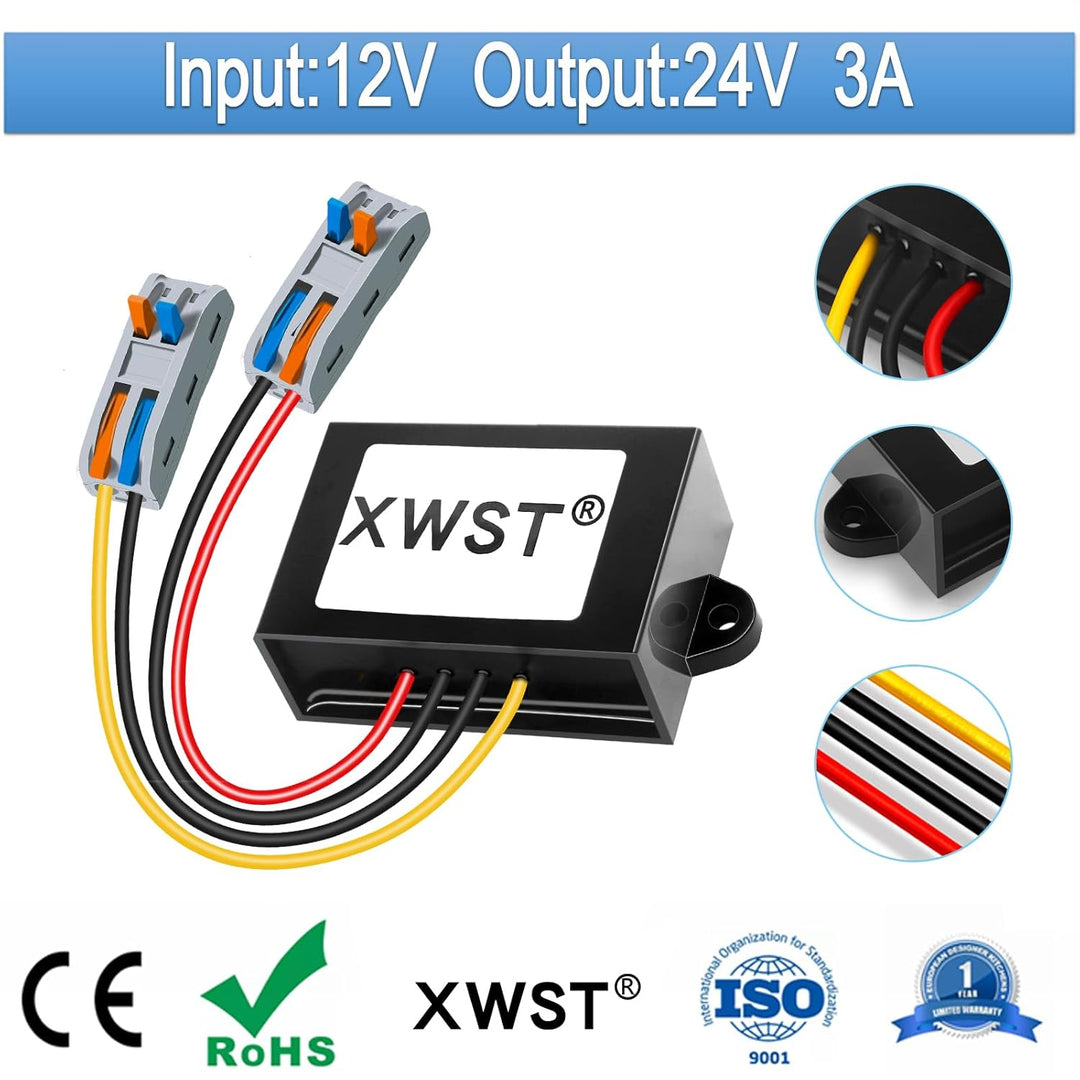 DC DC Wandler 12V auf 24V Spannungswandler 3A 72W mit Schnellverbinder Kabelverbinder, DC Step Up Ko