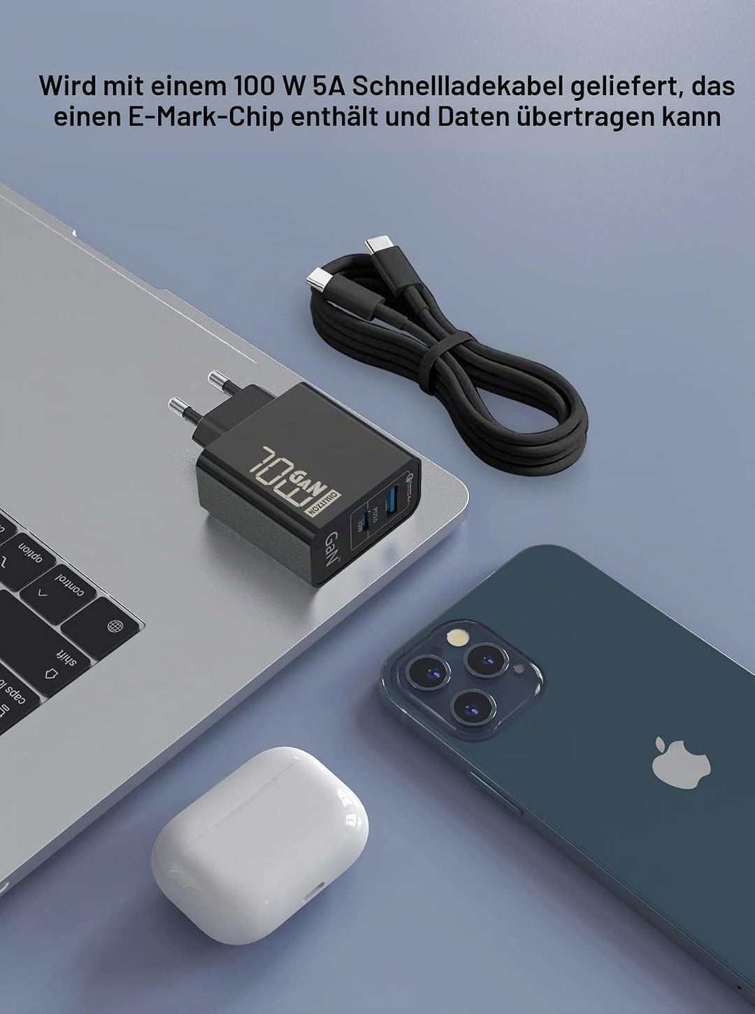 70W USB C Ladegerät, Type C PD GaN Netzteil mit 100W Schnellladekabel 2-Port USB C Netzteil (Funktio