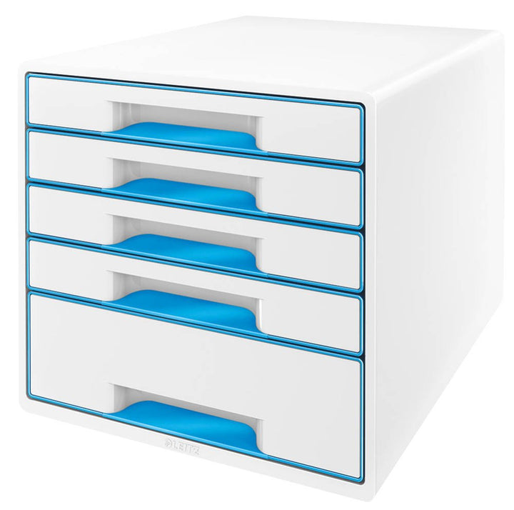 Leitz 52141036 Wow Cube Schubladenbox (Polystyrol) 5 Schubladen perlweiss/blau Weiss/Blau Metallic S