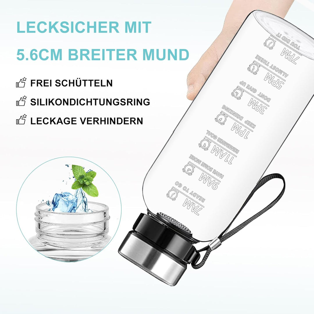 RNCKUUE 1.5 Liter Glasflasche, 1.5l Glas Trinkflasche, Wasserflasche Glas mit Sieb, Neoprenhülle, Fl