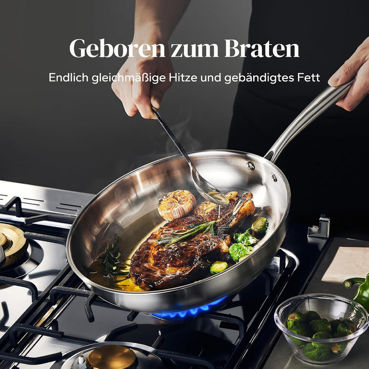 Redchef Bratpfanne 28 cm, Edelstahlpfanne unbeschichtet mit genieteter Griff, Edelstahl, Induktionsg