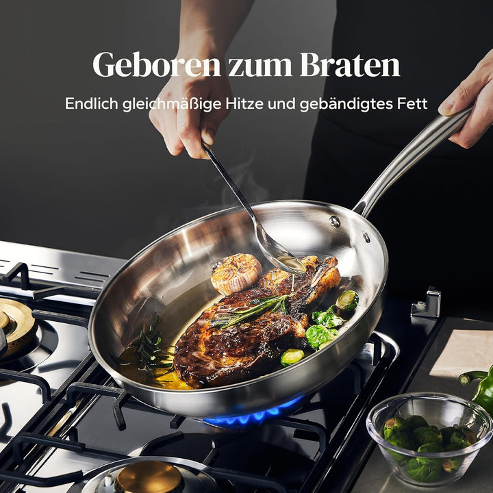 Redchef Bratpfanne 28 cm, Edelstahlpfanne unbeschichtet mit genieteter Griff, Edelstahl, Induktionsg