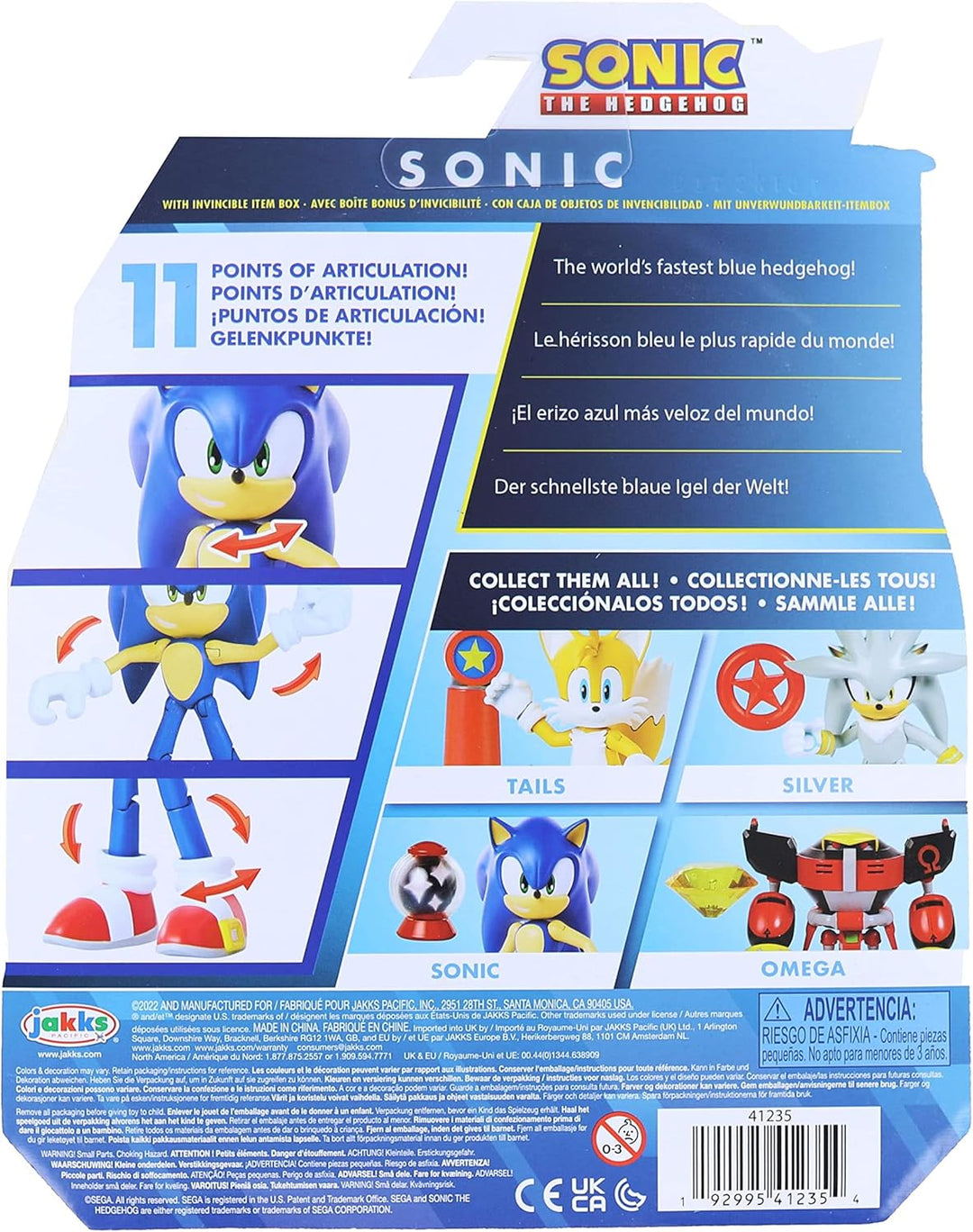 Sonic the Hedgehog Actionfigur 10 cm mit Unverwundbar Item Box Zubehör - 11 Bewegungspunkte - Spielz