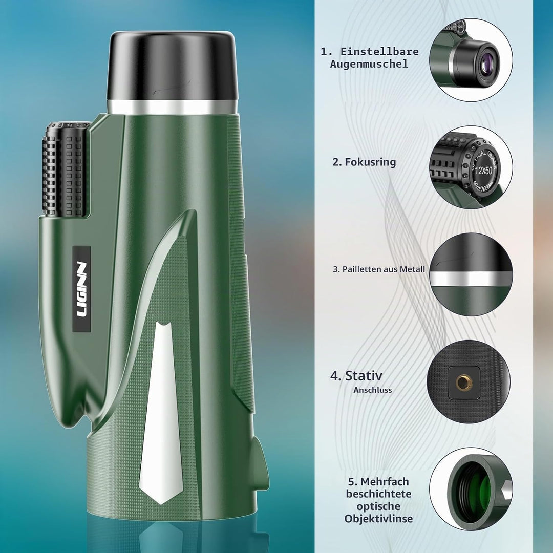 AiMeiteng 12x50 Monokular Teleskop mit Smartphone Halter Stativ, Kompaktes Monokular Hochleistungs T