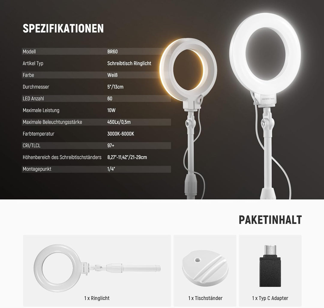 NEEWER Basics 5"/13cm Tisch Ringlicht mit Ständer 10W LED Selfie Licht mit Handyhalterung kompatibel