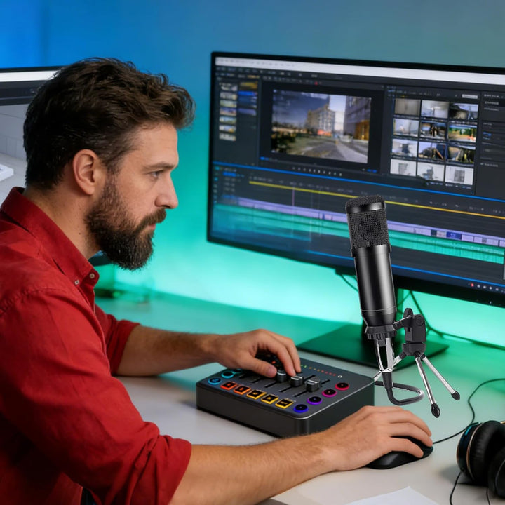 Podcast Mikrofon Set mit Mischpult, Streaming Mikrofon & RGB-Beleuchtung – Komplettes Podcasting Equ