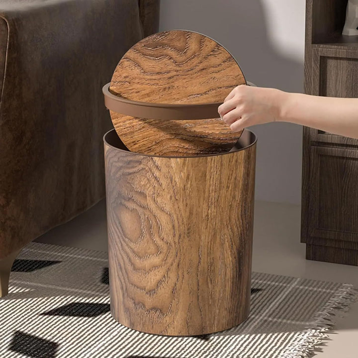 Mülleimer mit Deckel | Retro-Mülleimer, Holzmaserung, mit Schwingdeckel, runder, wiederverwendbarer
