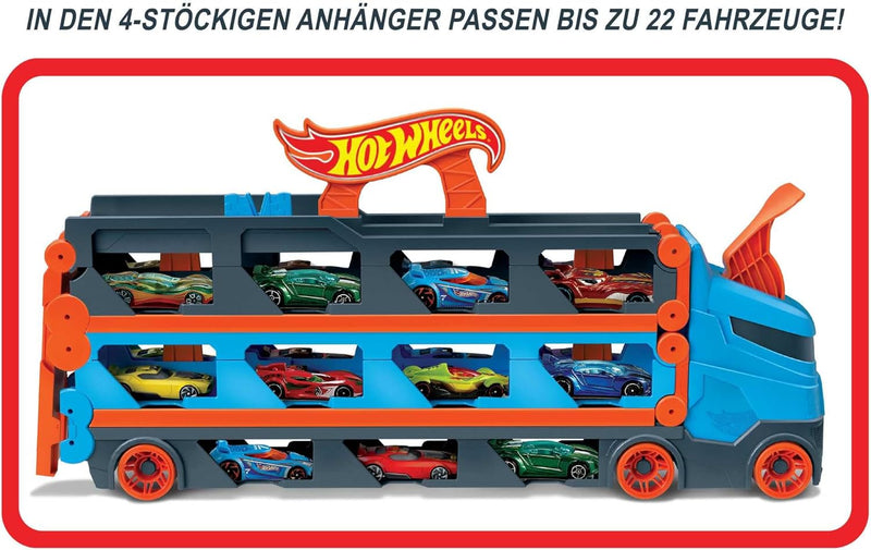 Hot Wheels - 2:1 Autorennbahn zu Transporter, inkl. 3 Spielzeugautos, mit Doppelstarter, Auslösefunk
