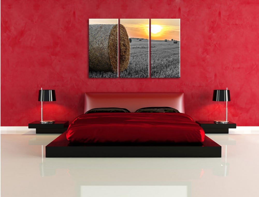 Pixxprint Strohballen auf Feld als Leinwandbild/Grösse: 3 Teilig (120x80) cm/Wandbild/Kunstdruck/fer