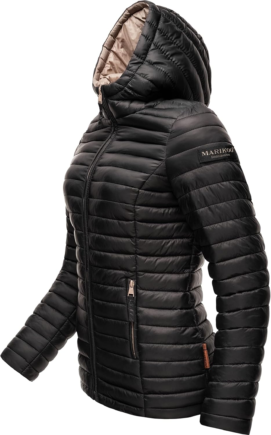MARIKOO Damen leichte Übergangsjacke Steppjacke mit Kapuze Asraa XS-3XL S Schwarz, S Schwarz
