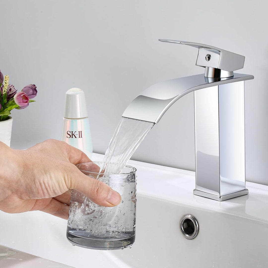Wasserhahn Bad Wasserfall Waschtischarmatur Chrom, Edelstahl Einhebelmischer, Heiss und Kalt einstel