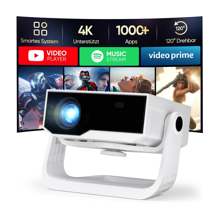 Wielio Smart Beamer, Heimkino Beamer mit integrierter App, 4K Unterstützung, WLAN&BT, 120° verstellb