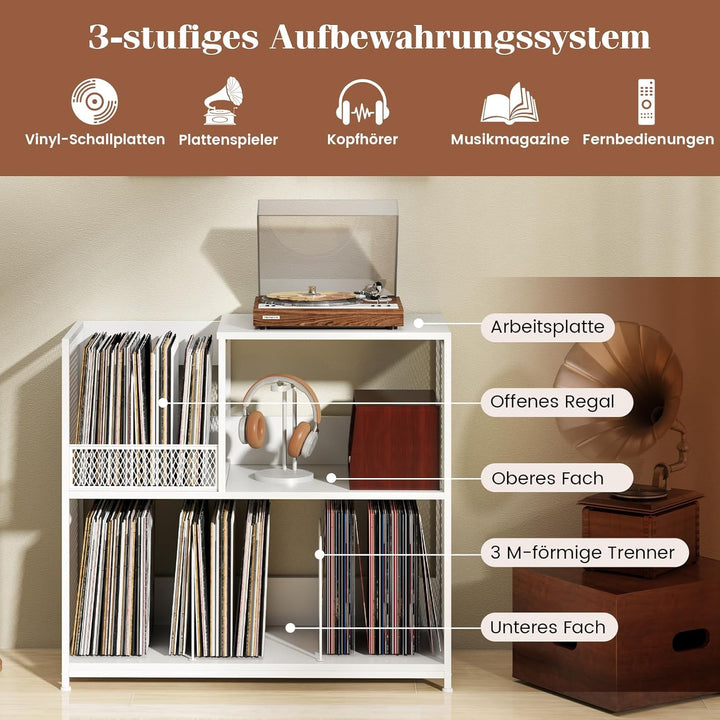 COSTWAY 3-stöckiger Plattenspielerständer für bis zu 300 Alben, Grammophontisch mit 3 herausnehmbare