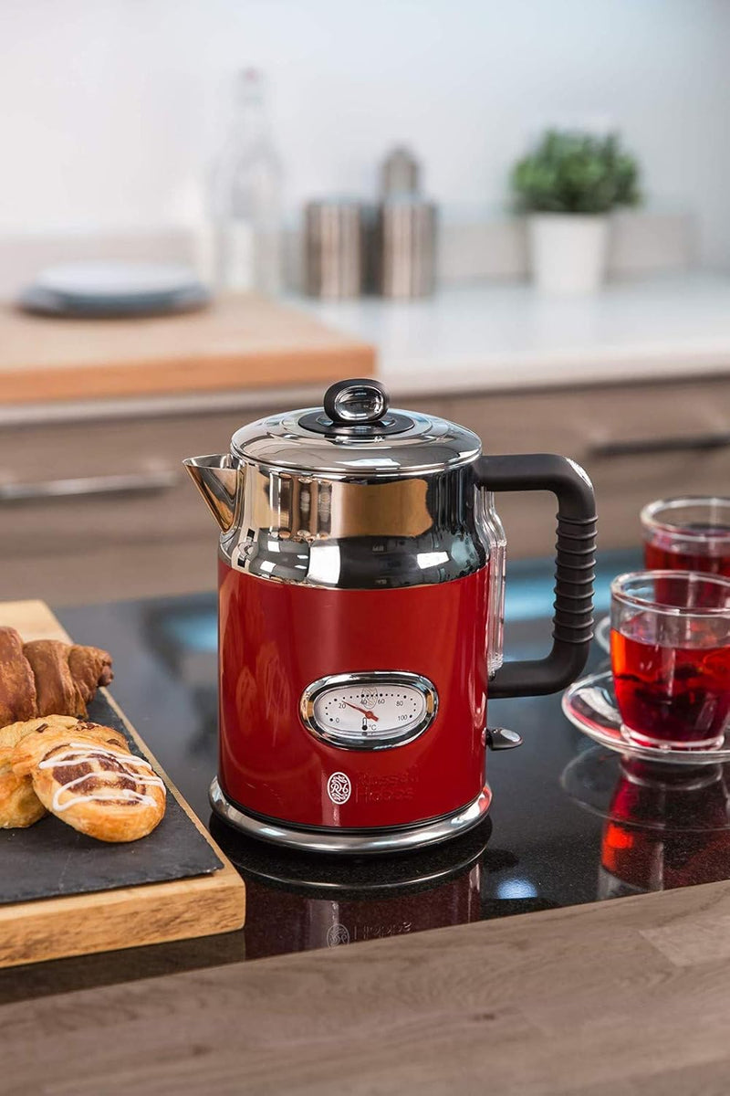 Russell Hobbs Wasserkocher [1,7l, 2400W] Retro Rot & poliertet Edelstahl (Schnellkochfunktion, Wasse