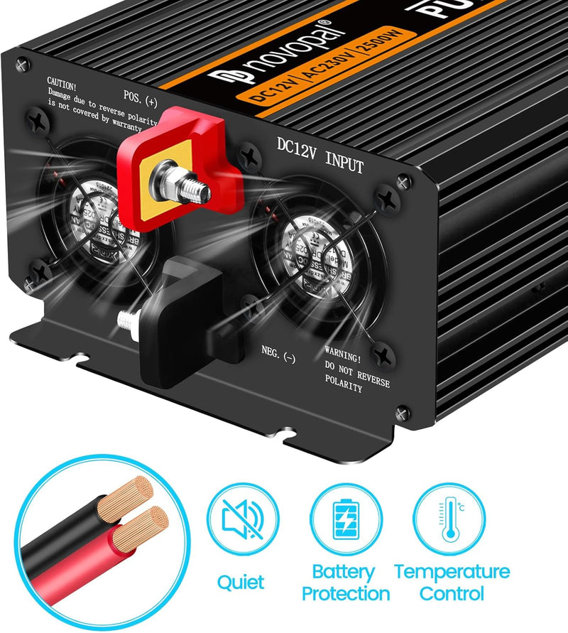 NOVOPAL 2500W Wechselrichter 12v Auf 230v Reiner Sinus Spannungswandler mit 2 EU-Steckdose und Einer