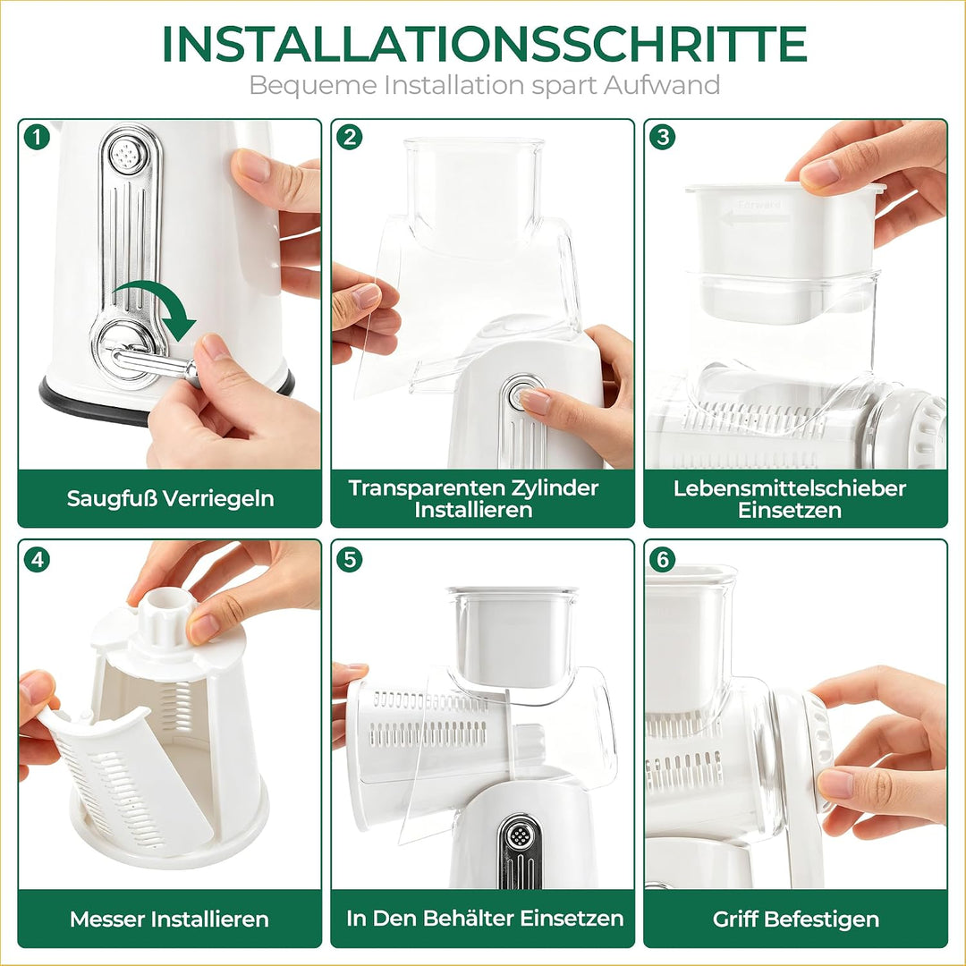 SUSTEAS Käsereibe mit Kurbel - Reibe für Gemüse mit 5 Trommelblättern, Starkem Saugfuss, Gemüseschne