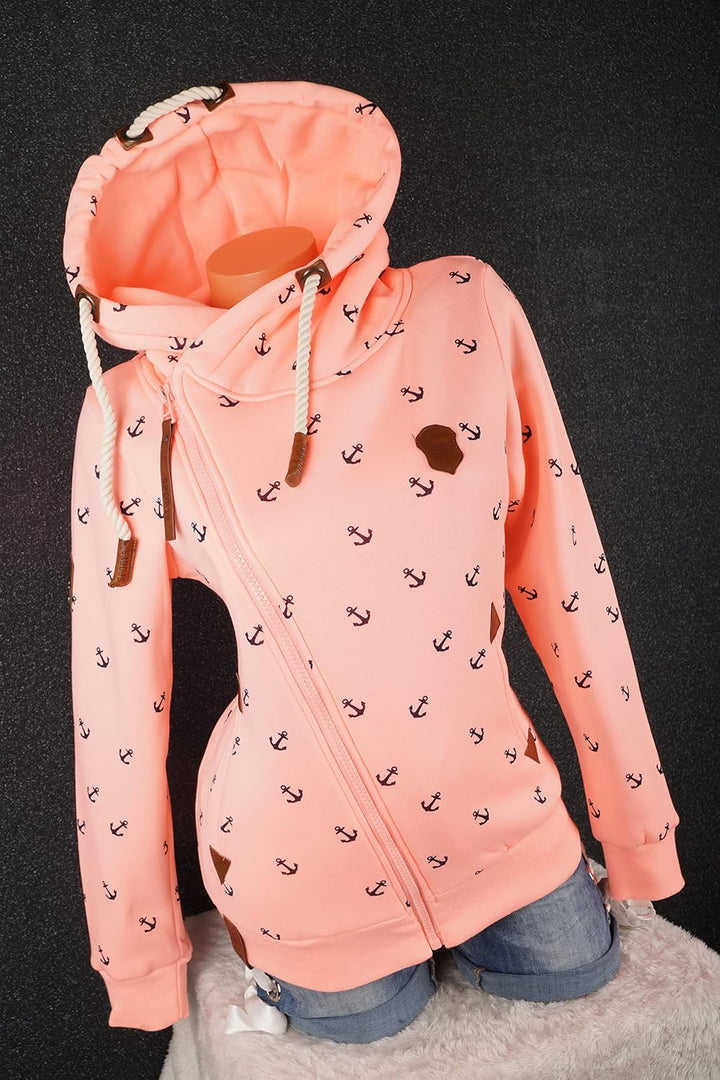 VIN TE Damen Sweat Jacke XXL Kapuze Hoodie Übergangsjacke Fleece gefüttert schräger Reissverschluss