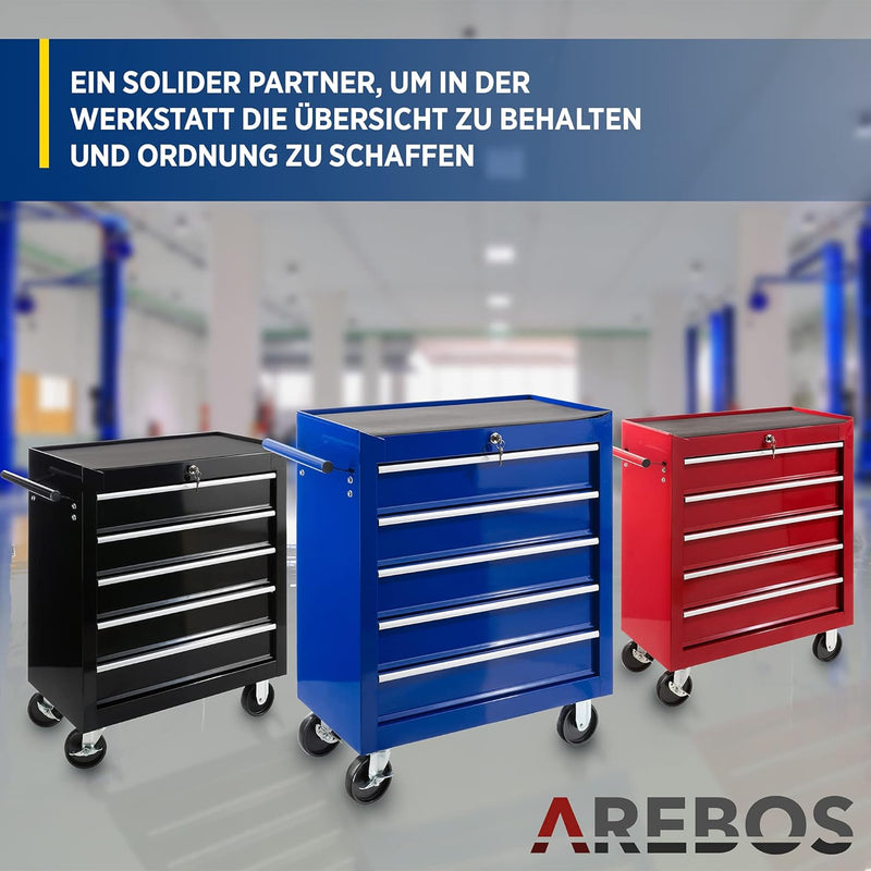 Arebos Werkstattwagen 5 Fächer | zentral abschliessbar | inkl. Antirutschmatten | kugelgelagerte Sch