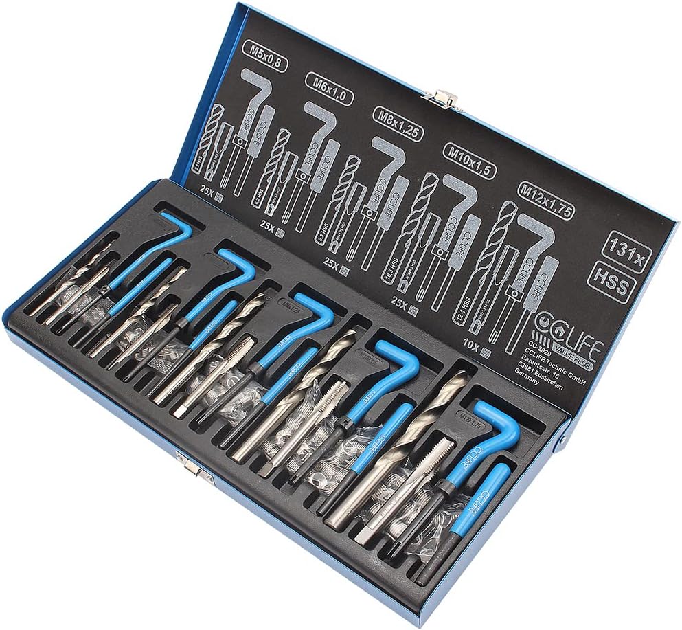 CCLIFE 131-tlg Gewindereparatur Gewinde Reparatur Satz mit M5 M6 M8 M10 M12 | Einsätze, Gewinderepar