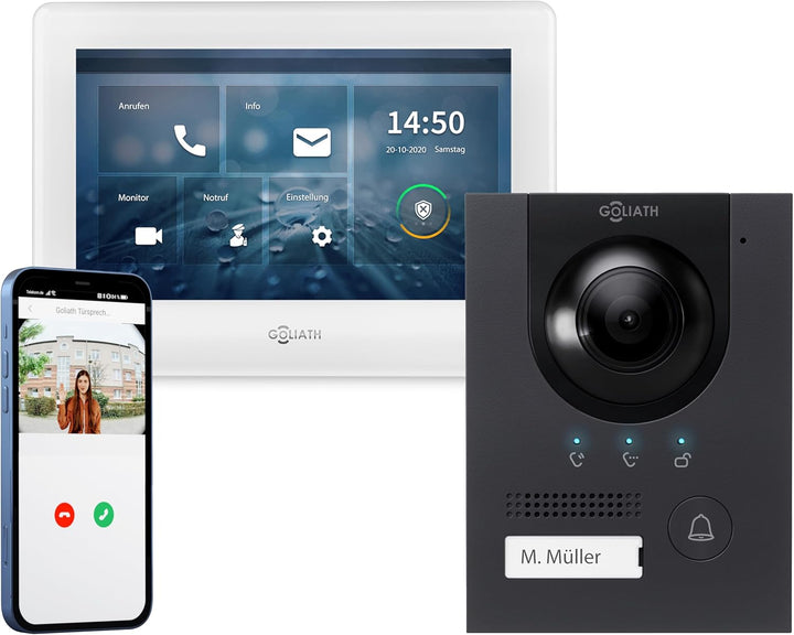 GOLIATH Full-HD Video Türsprechanlage, Aufputz Türstation in Anthrazit, 1 Familienhaus Set, Touchscr