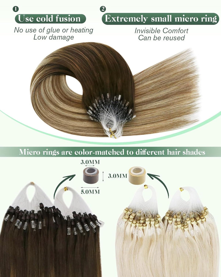 Ugeat 45cm Microring Haarverlängerung Echthaar Balayage Dunkelbraun zu Mittelbraun und Bleichblond 4