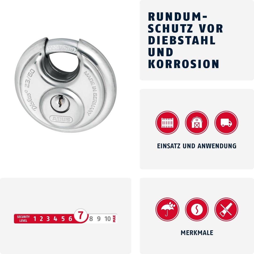 ABUS Diskus Vorhängeschloss 23/60 - wetterfest für den Garten - mit Diskus-Schweisstechnologie für b