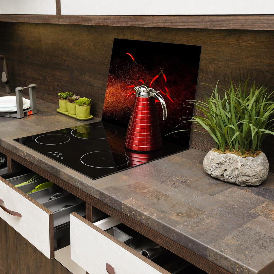SmartDecoration Herdabdeckplatte Ceranfeldabdeckung aus Glas 60x52 cm Einteilig Motiv "Gemüse" Rot (