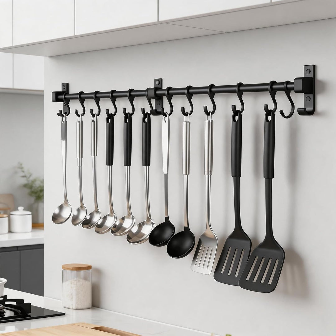 Hakenleiste Küche 80 cm, Aluminium Hängeleiste Küche, Stange für Küchenutensilien mit Beweglichen Ha