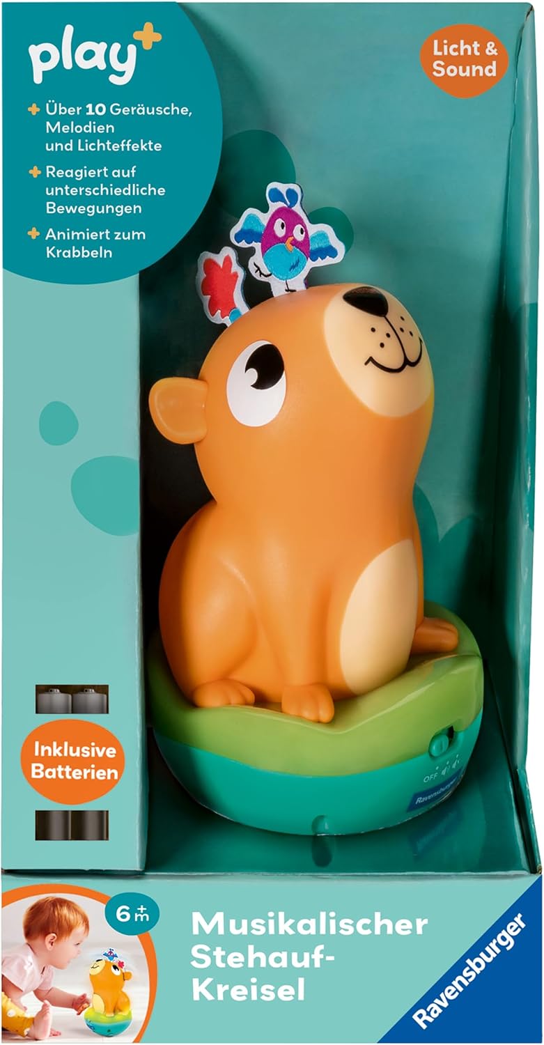 Ravensburger 4874 Play+ Musikalischer Stehauf-Kreisel: Capybara, Roly-Poly, Steh-auf-Männchen, Licht