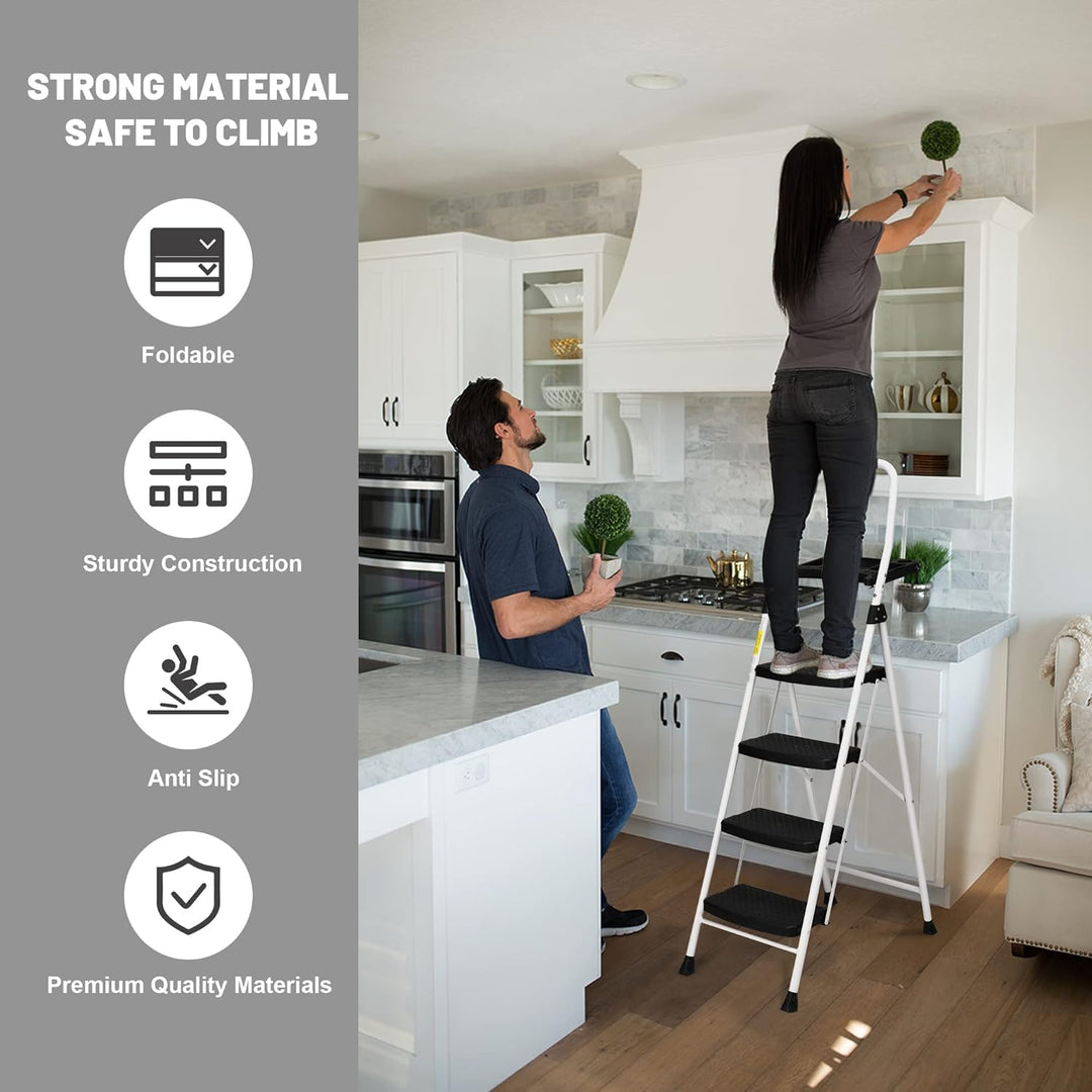HBTower 4-Stufen-Leiter, Klappbarer Tritthocker mit Breitem Anti-Rutsch-Pedal, Stabiler Praktischer